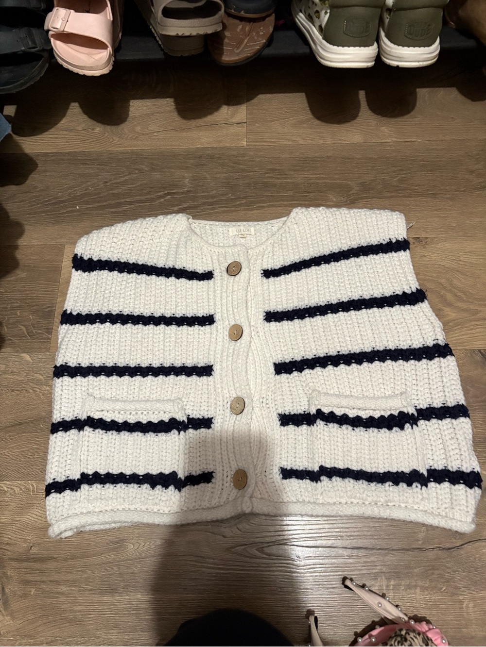 ILLA ILLA White Knit Cardigan with Navy Stripes